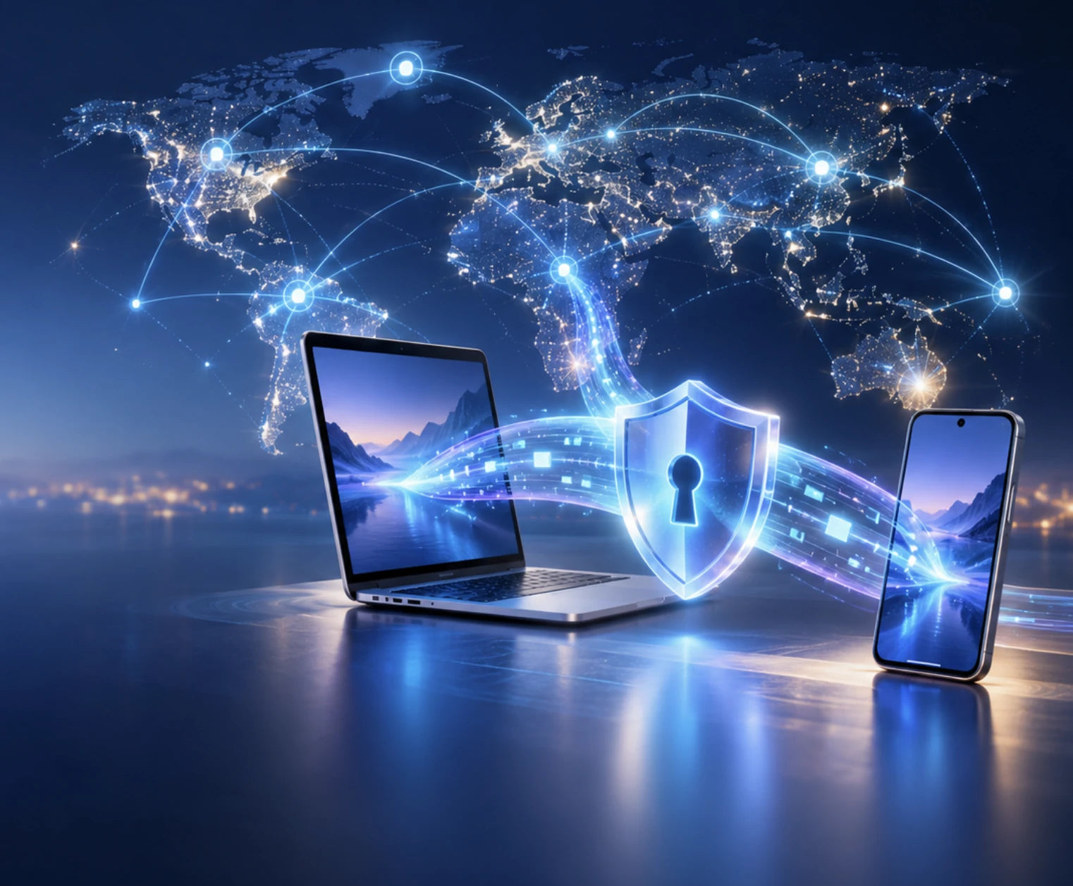 跨裝置 VPN 與全球網絡示意