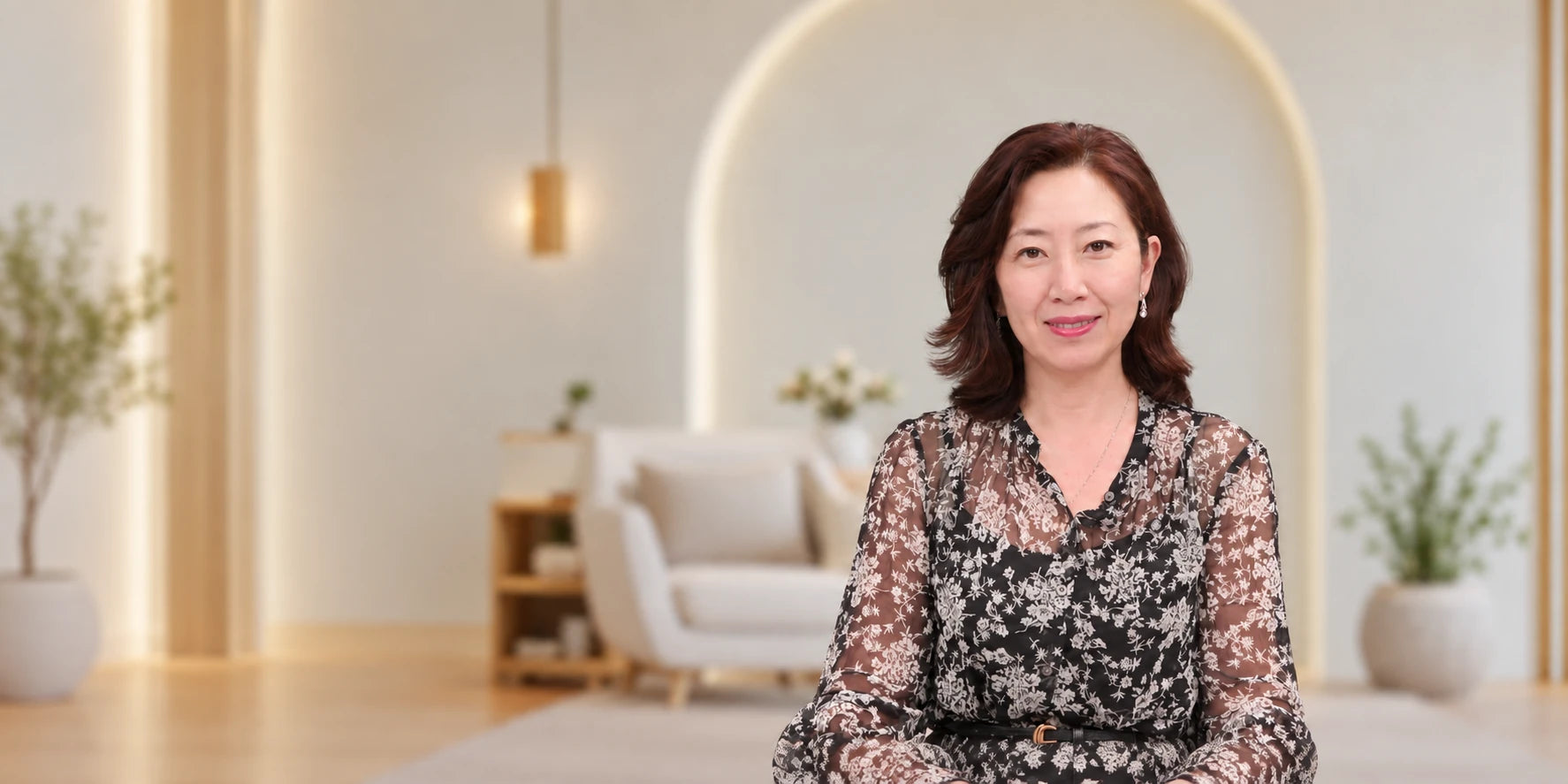 梁珍在明亮客廳中的肖像